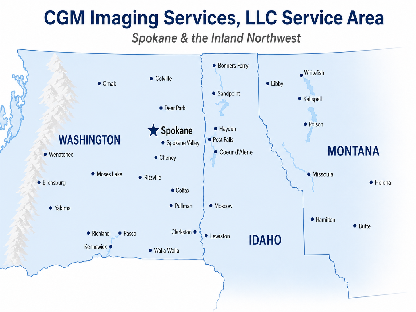 CGM Imaging Services service area map showing Eastern Washington, North Idaho, and Western Montana